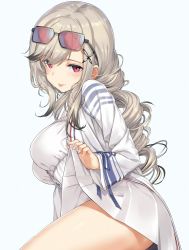 Rule 34 | 1girl, :p, azur lane, black panties, blue background, blush, breasts, butterfly hair ornament, dress, dunkerque (afternoon venus) (azur lane), dunkerque (afternoon venus) (azur lane), dunkerque (azur lane), eyewear on head, grey hair, hair ornament, hat, jacket, jewelry, large breasts, long hair, looking at viewer, panties, sidelocks, simple background, sitting, solo, sunglasses, takayaki, tongue, tongue out, underwear, white dress, white jacket