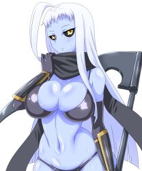 Rule 34 | 10s, 1girl, armor, black bra, black panties, blue skin, bra, breasts, cleavage, colored skin, curvy, dullahan, female focus, full body, gauntlets, greaves, highres, lala (monster musume), large breasts, long hair, looking at viewer, md5 mismatch, mimizu (tokagex), monster girl, monster musume no iru nichijou, navel, panties, scythe, shiny skin, simple background, solo, thick thighs, thighs, underwear, very long hair, white background, white hair, wide hips, yellow eyes