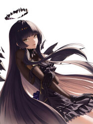 Rule 34 | 1girl, absurdres, ambience synesthesia, arknights, armband, armpit crease, backlighting, black choker, black dress, black gloves, black hair, black halo, black wings, blunt bangs, broken halo, brown hair, choker, colored inner hair, commentary, cowboy shot, dark halo, detached wings, diamond-shaped pupils, diamond (shape), dress, dutch angle, energy wings, eyelashes, floating hair, frilled choker, frilled dress, frills, from side, gloves, grey eyes, halo, hand on own arm, highres, hime cut, long hair, long sleeves, looking at viewer, looking to the side, mole, mole under eye, multicolored hair, muwon, official alternate costume, parted lips, see-through, see-through dress, shade, short dress, sidelocks, simple background, smile, solo, standing, straight hair, symbol-shaped pupils, tongue, two-tone hair, variant set, very long hair, virtuosa (arknights), white background, wings, yellow pupils