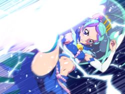 Rule 34 | 1girl, blue background, blue eyes, blue hair, blue shirt, blue skirt, blue theme, commentary request, cure mermaid, detached sleeves, earrings, eyelashes, fighting stance, go! princess precure, hair ornament, streaked hair, jewelry, kaidou minami, kicking, long hair, looking at viewer, magical girl, matching hair/eyes, midriff, multicolored hair, navel, ponytail, precure, purple hair, seashell, serious, shell, shell earrings, shirt, skirt, solo, standing, streaked hair, tj-type1, two-tone hair, very long hair, wrist cuffs