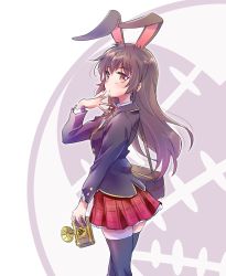 Rule 34 | 1girl, animal ears, bag, blush, breasts, brown eyes, brown hair, camera, extra ears, faunus (rwby), from side, hand up, heart, highres, holding, holding camera, iesupa, jacket, long hair, long sleeves, looking at viewer, matching hair/eyes, medium breasts, parted lips, pleated skirt, pointy ears, rabbit ears, rabbit girl, red skirt, ribbon, rwby, school uniform, skirt, solo, standing, strap, thighhighs, uniform, velvet scarlatina, zettai ryouiki