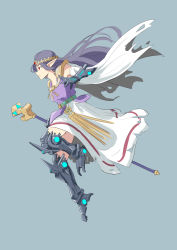 Rule 34 | 1girl, alternate eye color, alternate hair color, automatic giraffe, blue background, blue hair, cape, commentary, dark persona, english commentary, floating cape, forehead jewel, from side, grey background, headband, holding, holding staff, jumping, looking ahead, mechanical arms, mechanical legs, nintendo, open hand, pointy ears, princess hilda, red eyes, science fiction, simple background, solo, staff, the legend of zelda, the legend of zelda: a link between worlds