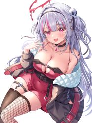 Rule 34 | 1girl, asymmetrical legwear, belt, black choker, black jacket, breasts, brown thighhighs, choker, cleavage, collarbone, covered navel, dress, fishnet thighhighs, fishnets, hair ornament, hair ribbon, hairband, halo, hand up, highres, jacket, large breasts, long hair, long sleeves, looking at viewer, mikeneko mari, multicolored hair, multiple belts, off shoulder, open clothes, open jacket, original, red dress, ribbon, short dress, simple background, skull hair ornament, sleeveless, sleeveless dress, solo, spaghetti strap, streaked hair, thigh strap, thighhighs, thighs, very long hair, white background, white hair, zettai ryouiki