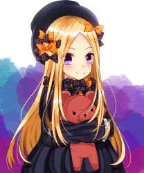 Rule 34 | 1girl, abigail williams (fate), black bow, black dress, black hat, blonde hair, blush, bow, closed mouth, commentary request, dress, fate/grand order, fate (series), forehead, hair bow, hat, highres, hugging object, long hair, long sleeves, looking at viewer, orange bow, parted bangs, polka dot, polka dot bow, purple eyes, sleeves past fingers, sleeves past wrists, smile, solo, stuffed animal, stuffed toy, teddy bear, very long hair, yuuki (snow-rain00)