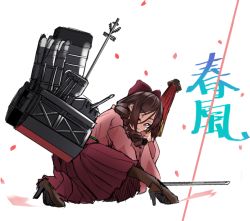 Rule 34 | 1girl, bad id, bad twitter id, bow, brown hair, commentary request, drill hair, hair bow, hakama, harukaze (kancolle), japanese clothes, kantai collection, kimono, looking at viewer, machinery, meiji schoolgirl uniform, oil-paper umbrella, pink hakama, pink kimono, red bow, red eyes, red hakama, red umbrella, simple background, solo, sword, twin drills, udukikosuke, umbrella, weapon, white background