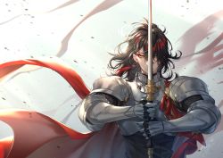 Rule 34 | 1boy, armor, black hair, breastplate, cape, closed mouth, commentary, debris, earrings, english commentary, floating hair, gauntlets, hair between eyes, hands up, highres, holding, holding sword, holding weapon, jewelry, kingchenxi, knight, long hair, looking at viewer, male focus, multicolored hair, nijisanji, nijisanji en, outdoors, pauldrons, red cape, red hair, shoulder armor, sidelocks, signature, single earring, solo, standing, sword, tassel, tassel earrings, two-tone hair, upper body, virtual youtuber, vox akuma, weapon, yellow eyes