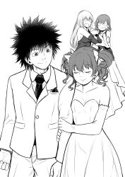 Rule 34 | 1boy, 3girls, absurdres, anoni-chan, bow, breasts, bridal veil, bride, cleavage, closed eyes, closed mouth, collarbone, couple, dress, elbow gloves, formal, gloves, greyscale, groom, hair bow, hetero, highres, holding another&#039;s arm, husband and wife, jacket, kamijou touma, large breasts, long hair, long sleeves, medium hair, misaka mikoto, monochrome, multiple girls, necktie, netorare, out of character, pants, shirai kuroko, shirt, shokuhou misaki, short hair, small breasts, smile, spiked hair, standing, suit, toaru kagaku no railgun, toaru majutsu no index, tuxedo, twintails, veil, wedding dress