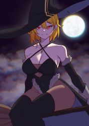 Rule 34 | 1girl, absurdres, black hat, blonde hair, breasts, broom, broom riding, cleavage, cloud, detached sleeves, fur trim, gloves, hat, highres, hololive, hololive indonesia, kaela kovalskia, leotard, mawaridi, medium hair, moon, red eyes, smile, solo, thighhighs, virtual youtuber, witch hat
