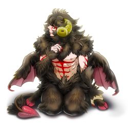 Rule 34 | 1boy, abs, black hair, body markings, fingernails, fur, goat horns, horns, isaki, looking at viewer, male focus, monster boy, nail polish, nipples, original, red eyes, red nails, sharp fingernails, simple background, sitting, tail, wariza, white background, wings