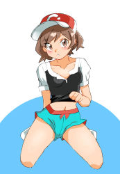 Rule 34 | 1girl, alternate hair length, alternate hairstyle, baseball cap, blush, breasts, brown eyes, brown hair, clothes lift, collarbone, commentary request, creatures (company), elaine (pokemon), full body, game freak, green shorts, hat, lifting own clothes, navel, nintendo, onnaski, parted lips, pokemon, pokemon lgpe, red hat, shirt, shirt lift, short hair, short shorts, short sleeves, shorts, solo, two-tone background