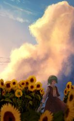 Rule 34 | 1girl, arm at side, ascot, bad id, bad pixiv id, blue sky, blurry, blurry foreground, buttons, closed umbrella, cloud, collared shirt, colored eyelashes, cumulonimbus cloud, day, garden of the sun, green hair, highres, holding, holding umbrella, kazami yuuka, kougekiryoku, long skirt, long sleeves, looking to the side, open mouth, pink sky, plaid, plaid skirt, plaid vest, red eyes, red skirt, red vest, shirt, short hair, skirt, skirt set, sky, smile, solo, sunset, touhou, umbrella, vest, white shirt, yellow ascot