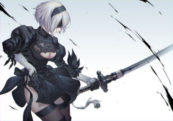 Rule 34 | 1girl, android, black dress, black footwear, black gloves, black hairband, black ribbon, black thighhighs, blindfold, boots, breasts, cleavage, cleavage cutout, closed mouth, clothing cutout, covered eyes, cowboy shot, dress, gloves, hairband, highleg, highleg leotard, holding, holding sword, holding weapon, juliet sleeves, katana, legs together, leotard, long sleeves, medium breasts, melonplus, nier (series), nier:automata, puffy sleeves, ribbon, short dress, short hair, side slit, silver hair, solo, standing, sword, tassel, thigh boots, thighhighs, turtleneck, vambraces, weapon, white leotard, 2b (nier:automata)