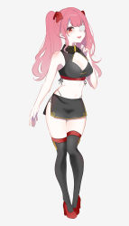 Rule 34 | 1girl, absurdres, bare arms, bare shoulders, black shirt, black skirt, black thighhighs, bow, breasts, chinese clothes, cleavage cutout, clothing cutout, crop top, eyepatch, full body, hair bow, hand up, high heels, highleg, highres, long hair, looking at viewer, midriff, miniskirt, original, parted lips, pink hair, rairaisama, red bow, red eyes, red footwear, shirt, side slit, sidelocks, simple background, skirt, sleeveless, small breasts, solo, standing, stomach, thighhighs, twintails, white background, zettai ryouiki