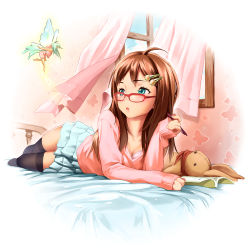 Rule 34 | 1girl, :o, ahoge, aqua eyes, black thighhighs, blue skirt, blush, book, bra, breasts, cleavage, curtains, fairy, fairy wings, glasses, green eyes, hair ornament, hairclip, layered skirt, leg lift, lips, long hair, looking over eyewear, looking to the side, lying, moyamoya, on bed, on stomach, open book, open mouth, open window, original, pen, red-framed eyewear, red hair, skirt, sleeves past wrists, small breasts, stuffed animal, stuffed rabbit, stuffed toy, thighhighs, underwear, wallpaper (object), wind, window, wings