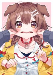 Rule 34 | 1girl, 1other, animal ears, black shirt, blouse, blush, bone hair ornament, border, braid, breasts, brown eyes, brown hair, buckle, cheek pull, cleavage, collar, collarbone, collared dress, commentary, dog ears, dog girl, dress, embarrassed, fangs, hair ornament, highres, hololive, inugami korone, inugami korone (1st costume), jacket, kurihara sakura, long sleeves, looking at viewer, nail polish, off shoulder, open clothes, open jacket, open mouth, outside border, pink background, pov, shirt, simple background, sleeves past wrists, small breasts, solo focus, surprised, twin braids, upper body, virtual youtuber, white border, white dress, wristband, yellow jacket, yellow nails