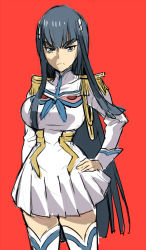 Rule 34 | 10s, 1girl, breasts, coin rand, epaulettes, frown, junketsu, kill la kill, kiryuuin satsuki, large breasts, long hair, looking at viewer, red background, simple background, solo, thighhighs, very long hair