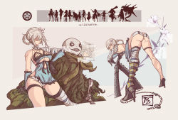 Rule 34 | 1girl, absurdres, ass, bandages, bandaged arm, bandaged leg, bandaged neck, bandages, bone, braid, breasts, chain, collage, commentary, distortion, dual wielding, emil (nier), english commentary, flower, glitch, hair flower, hair ornament, hair over one eye, hair rings, hamza touijri, high heels, highres, holding, jagged sword, kaine (nier), kneepits, large breasts, lingerie, lunar tear, negligee, nier, nier (series), orchid, panties, planted sword, planted, short hair, silhouette, silver hair, single braid, solo focus, spaghetti strap, sword, underboob, underwear, weapon, white panties