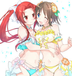 Rule 34 | 2girls, ;d, alternate costume, alternate hairstyle, arm around waist, armband, bead necklace, beads, bikini, blue eyes, blush, bow, bow bikini, brown hair, flower, frilled armband, frilled bikini, frills, hair flower, hair ornament, hair up, halterneck, happy, hug, jewelry, long hair, looking at another, multiple girls, navel, necklace, noro (ro no), one eye closed, open mouth, orange flower, parted bangs, ponytail, red eyes, red hair, ronye arabel, short hair, sidelocks, smile, standing, swimsuit, sword art online, sword art online: alicization, tiese schtrinen, white background, yellow bikini