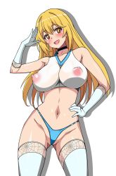 1girl :d bare_shoulders black_choker blonde_hair blue_buruma breasts brown_eyes buruma cameltoe choker commentary_request covered_erect_nipples cropped_shirt elbow_gloves frozen_gingasan gloves gluteal_fold groin hand_on_own_hip highleg highleg_buruma highres large_breasts long_hair looking_at_viewer navel nipples open_mouth salute shirt shokuhou_misaki sleeveless sleeveless_shirt smile sparkling_eyes symbol-shaped_pupils thighhighs toaru_kagaku_no_railgun toaru_majutsu_no_index very_long_hair white_thighhighs