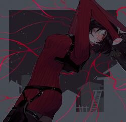 Rule 34 | 1girl, absurdres, ada wong, belt, black hair, buckle, commentary, english commentary, glowing veins, highres, red eyes, resident evil, resident evil 4, resident evil 4 (remake), short hair, sweater, tricarthemis, weapon