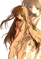 Rule 34 | 1girl, angel wings, ass, azzz66968140, body horror, braid, breasts, brown hair, completely nude, feathered wings, feet out of frame, flower, highres, leaf, long hair, looking at viewer, looking back, medium breasts, nude, purple eyes, sayonara wo oshiete, side braids, sketch, solo, sugamo mutsuki, tendril, very long hair, white wings, wings, zoom layer
