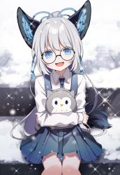 Rule 34 | 1girl, :d, animal ear fluff, animal ears, black-framed eyewear, blue dress, blue eyes, blue necktie, collared shirt, commission, copyright request, dress, fangs, feet out of frame, glasses, grey hair, hazakura chikori, highres, long hair, long sleeves, looking at viewer, necktie, open mouth, pinafore dress, pleated dress, ponytail, round eyewear, shirt, short eyebrows, sitting, sitting on stairs, sleeveless, sleeveless dress, sleeves past wrists, smile, snow, snowing, solo, stairs, stone stairs, stuffed animal, stuffed bird, stuffed owl, stuffed toy, tail, thick eyebrows, very long hair, white shirt