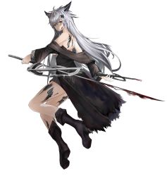 Rule 34 | 1girl, absurdres, animal ear fluff, animal ears, arknights, bandeau, black capelet, black coat, black jacket, black nails, black shorts, boots, capelet, coat, grey eyes, hair ornament, hairclip, highres, holding, holding sword, holding weapon, jacket, lappland (arknights), lappland (refined horrormare) (arknights), long hair, looking back, material growth, nail polish, nevin (flyskying), official alternate costume, oripathy lesion (arknights), scar, scar across eye, scar on face, shorts, strapless, sword, tail, tube top, weapon, wolf ears, wolf tail