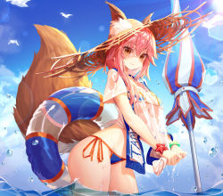 Rule 34 | 1girl, absurdres, animal, animal ear fluff, animal ears, bangle, bikini, bird, blue bikini, blue sky, bracelet, breasts, brown eyes, cleavage, cloud, day, fate/grand order, fate (series), fox ears, fox girl, fox tail, hat, highres, holding, holding umbrella, innertube, jewelry, large breasts, lens flare, long hair, looking at viewer, munseonghwa, no pants, outdoors, pink hair, sash, see-through, shirt, side-tie bikini bottom, sky, smile, solo, straw hat, sunlight, swim ring, swimsuit, tail, tamamo (fate), tamamo no mae (fate/extra), tamamo no mae (swimsuit lancer) (fate), tamamo no mae (swimsuit lancer) (second ascension) (fate), umbrella, wading, water, wet, wet clothes, wet shirt, white shirt