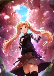 Rule 34 | 1girl, absurdres, black thighhighs, blonde hair, blush, cherry blossoms, commentary request, day, dress, emily stewart, highres, idolmaster, idolmaster million live!, long hair, open mouth, outdoors, petals, purple eyes, ro risu, sketch, smile, solo, striped, striped sleeves, thighhighs, twintails