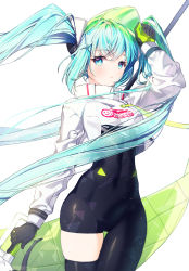 Rule 34 | 1girl, arm up, asymmetrical bodysuit, black bodysuit, black gloves, black thighhighs, blue eyes, blue hair, bodysuit, breasts, closed mouth, commentary, cropped jacket, english commentary, floating hair, gloves, green gloves, hatsune miku, highres, jacket, long hair, long sleeves, looking at viewer, medium breasts, multicolored hair, racing miku, racing miku (2022), rumi (rarumi11), see-through, sidelocks, simple background, single thighhigh, solo, streaked hair, thighhighs, twintails, very long hair, vocaloid, white background, white jacket