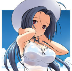 Rule 34 | 00s, 1girl, ahoge, armpits, blue hair, blush, breasts, dress, hat, idolmaster, idolmaster (classic), large breasts, light smile, long hair, looking at viewer, miura azusa, outdoors, outside border, red eyes, sky, solo, standing, takayaki, wet, wet clothes, white hat