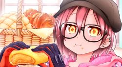 Rule 34 | 1girl, basket, blush, bread, brown eyes, brown hair, brown hat, closed mouth, commentary request, danish pastry, ear piercing, eating, food, food on face, hair between eyes, hands up, hat, highres, holding, holding food, hololive, looking at viewer, melon bread, ooranokohaku, piercing, roboco-san, roboco-san (hoodie), short hair, smile, solo, virtual youtuber