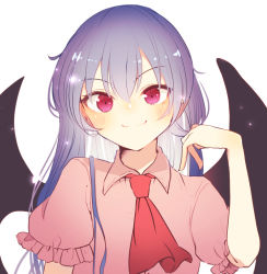 Rule 34 | 1girl, alternate hair length, alternate hairstyle, aoi (annbi), bat wings, blush, commentary, fang, fang out, frills, hand up, light purple hair, long hair, looking at viewer, pink shirt, red eyes, red neckwear, remilia scarlet, shirt, short sleeves, smile, solo, touhou, upper body, white background, wings