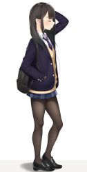 Rule 34 | 1girl, arm up, backpack, bag, black footwear, black hair, blazer, blue jacket, blue skirt, brown cardigan, brown pantyhose, buttons, cardigan, closed eyes, collared shirt, commentary request, earphones, from side, full body, hand in pocket, highres, jacket, loafers, long hair, long sleeves, miniskirt, mottsun (i 40y), necktie, open clothes, open jacket, original, pantyhose, pleated skirt, profile, shadow, shirt, shoes, sidelocks, simple background, skirt, solo, standing, striped necktie, striped neckwear, undershirt, white background, white shirt, wing collar
