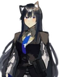 Rule 34 | 1girl, absurdres, animal ears, arknights, arm behind back, black cape, black hair, black vest, blue necktie, cape, closed mouth, collared shirt, highres, long hair, long sleeves, looking to the side, msx (mis4xi), necktie, orange eyes, pouch, shirt, solo, texas (arknights), texas the omertosa (arknights), upper body, very long hair, vest, white shirt, wolf ears