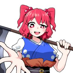 1girl breasts bright_pupils coin commentary_request half-closed_eyes highres holding holding_scythe looking_at_viewer obi onozuka_komachi open_mouth red_hair sash scythe short_hair simple_background solidus_(sword_cube) solo sweatdrop teeth textless_version touhou two_side_up upper_teeth_only variant_set white_background white_pupils