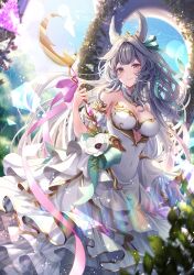 Rule 34 | 1girl, animal ears, blue gemstone, blue sky, blurry, blurry background, breasts, character request, cleavage, covered navel, crescent, dress, flower, frilled dress, frills, gem, gold trim, green eyes, green ribbon, grey hair, hair ribbon, highres, holding, holding staff, iriam, large breasts, long hair, pink gemstone, pink ribbon, ribbon, second-party source, sky, smile, solo, staff, strapless, strapless dress, tiara, totomiya, virtual youtuber, white dress, white flower