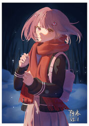 1girl absurdres alternate_bag backpack bag black_jacket border brown_skirt dated galaga hair_ornament highres jacket medium_hair nanami_chiaki night open_clothes open_jacket outdoors pink_bag pink_hair pleated_skirt red_scarf scarf skirt snowing solo translation_request white_border xiao_ya_xiao_a_luo