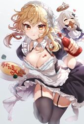 Rule 34 | 2girls, :3, :d, :p, alternate costume, apron, black thighhighs, blonde hair, blush, breasts, broccoli, cleavage, closed eyes, commentary, detached collar, dress, enmaided, flower, food, food on body, food on breasts, garter straps, genshin impact, hair flower, hair ornament, happy, heart, highres, holding, ichiyume ichiyu, ketchup bottle, large breasts, leaning forward, long hair, looking at another, looking at viewer, lumine (genshin impact), maid, maid apron, maid headdress, medium hair, multiple girls, omelet, omurice, open mouth, paimon (genshin impact), smile, standing, standing on one leg, thigh gap, thighhighs, thighs, tongue, tongue out, twitter username, yellow eyes