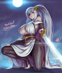 Rule 34 | 1girl, bare shoulders, blue eyes, breasts, cleavage, commission, eyepatch, from below, fujii eishun, hair ornament, highres, holding, holding sword, holding weapon, japanese clothes, large breasts, long hair, mole, mole under eye, moon, night, night sky, on one knee, original, pantyhose, pointing sword, skeb commission, sky, solo, sword, very long hair, weapon, white hair