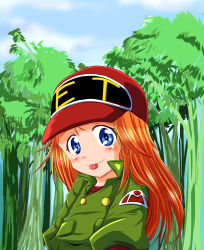 Rule 34 | 1980s (style), 1girl, :p, blue eyes, child, hat, kikou souseiki mospeada, long hair, looking at viewer, marimon m, mint labule, retro artstyle, red hair, retro artstyle, sky, smile, solo, tongue, tongue out, tree