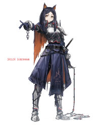 Rule 34 | 1girl, absurdres, alternate costume, animal ears, arknights, armor, armored boots, belt, black hair, boots, breastplate, bright pupils, brown eyes, chain, character name, closed mouth, cuffs, dobermann (arknights), dog ears, expressionless, franlol, full body, highres, holding, holding weapon, holding whip, key, charm (object), knee boots, long hair, looking at viewer, outstretched arm, shackles, shoulder armor, signature, solo, standing, v-shaped eyebrows, weapon