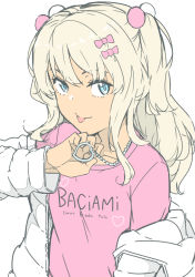 Rule 34 | 1girl, :p, blonde hair, blue eyes, bow, clothes writing, grecale (kancolle), hair bow, hair ornament, heart, heart necklace, jacket, jewelry, kantai collection, long hair, long sleeves, looking at viewer, necklace, ninimo nimo, off shoulder, official alternate costume, pink bow, pink shirt, pom pom (clothes), pom pom hair ornament, shirt, simple background, solo, tongue, tongue out, two side up, upper body, white background, white jacket