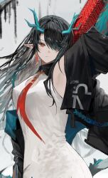 Rule 34 | 1girl, absurdres, arknights, armpits, black hair, china dress, chinese clothes, dragon girl, dragon horns, dress, dusk (arknights), hair over one eye, hand up, highres, horns, jacket, pointy ears, red eyes, shiro (siro kuten), shirt, solo, white shirt