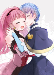 Rule 34 | 2girls, blue hair, braid, breasts, cleavage, closed mouth, crown braid, dress, earrings, closed eyes, fire emblem, fire emblem: three houses, from side, highres, hilda valentine goneril, jewelry, long hair, long sleeves, marianne von edmund, multiple girls, nintendo, open mouth, pink hair, yuri, yutohiroya