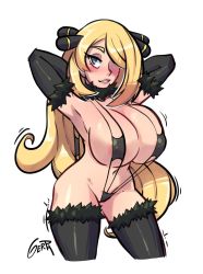 Rule 34 | 1girl, armpits, bikini, blonde hair, breasts, cleavage, creatures (company), cynthia (pokemon), female focus, game freak, gerph, hair over one eye, huge breasts, large breasts, looking at viewer, nintendo, nipples, pokemon, pokemon dppt, pussy, see-through, slingshot swimsuit, solo, swimsuit, text focus, thighhighs, watermark