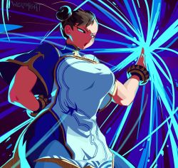 Rule 34 | 1girl, artist name, blue dress, blue pants, bracelet, breasts, bun cover, capcom, china dress, chinese clothes, chun-li, cowboy shot, double bun, dress, hair bun, highres, jewelry, large breasts, looking to the side, open mouth, pants, solo, street fighter, street fighter 6, two-tone dress, werfmight