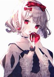 Rule 34 | 1girl, :o, absurdres, apple, bare shoulders, black dress, bow, choker, collarbone, commentary request, dress, ear piercing, earrings, eating, fingernails, food, frilled choker, frills, fruit, hair bow, hands up, highres, holding, holding food, holding fruit, huge filesize, jewelry, juliet sleeves, kotamun, long sleeves, looking at viewer, multiple rings, nail polish, piercing, puffy sleeves, red bow, red eyes, red nails, ring, short hair, single wrist cuff, snow white, snow white (grimm), solo, upper body, white background, white hair, wrist cuffs