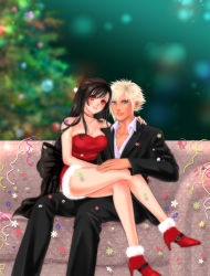 Rule 34 | 1990s (style), 1boy, 1girl, black hair, blonde hair, blue eyes, boots, christmas, cloud strife, couch, final fantasy, final fantasy vii, formal, high heel boots, high heels, legs, long hair, looking at viewer, mamio2012, mr.chinuck, red eyes, retro artstyle, sitting, sitting on person, suit, thighs, tifa lockhart