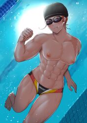 Rule 34 | 1girl, abs, absurdres, black headwear, black male swimwear, black swim briefs, blush, breasts, commission, foot out of frame, goggles, harurukan, highres, looking at viewer, male swimwear, male swimwear challenge, medium breasts, muscular, muscular female, navel, original, pixiv commission, pool, pout, red eyes, red hair, scar, short hair, speedo (company), swim briefs, swim cap, swim goggles, swimming, swimsuit, topless, underwater